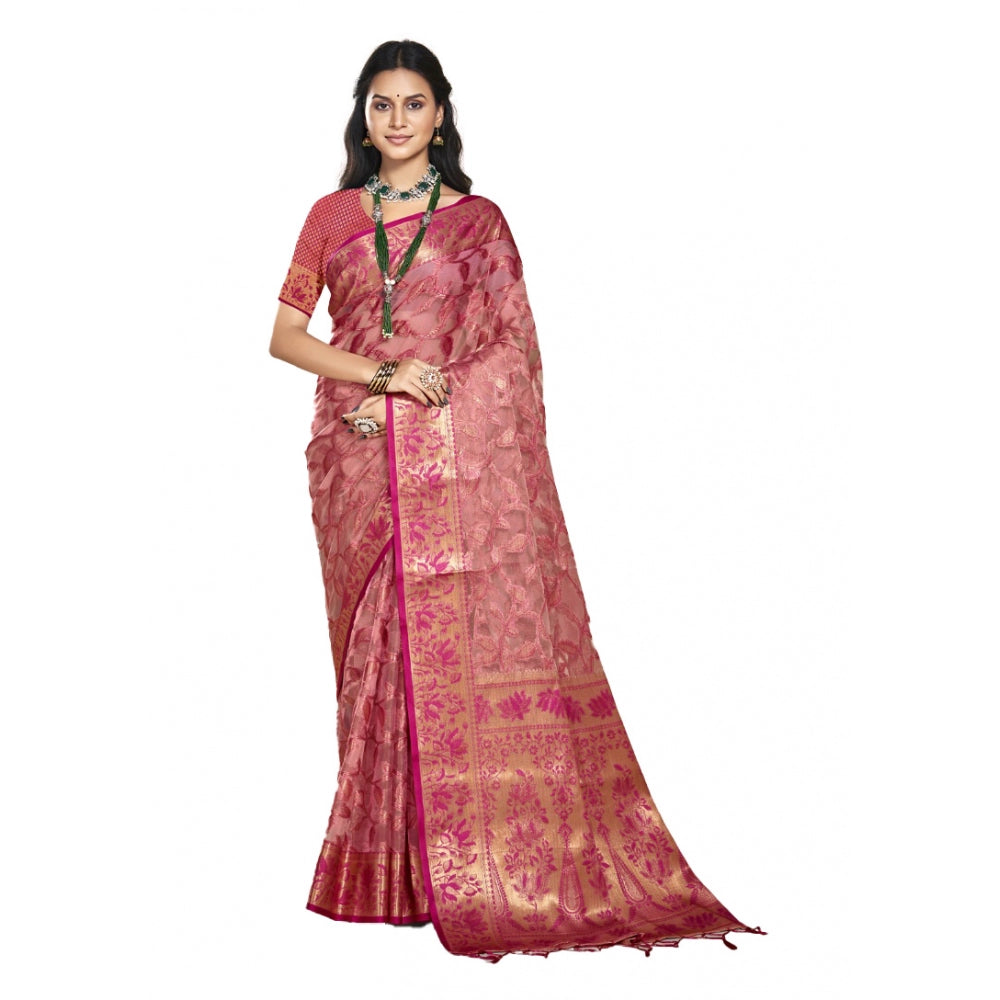 Clasymist Women's Organza Woven Design Saree With Unstitched Blouse 5.5Mtr (Pink)