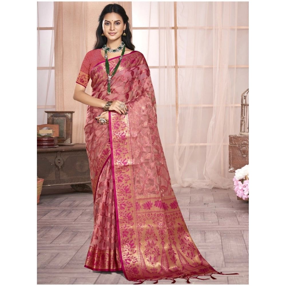 Clasymist Women's Organza Woven Design Saree With Unstitched Blouse 5.5Mtr (Pink)