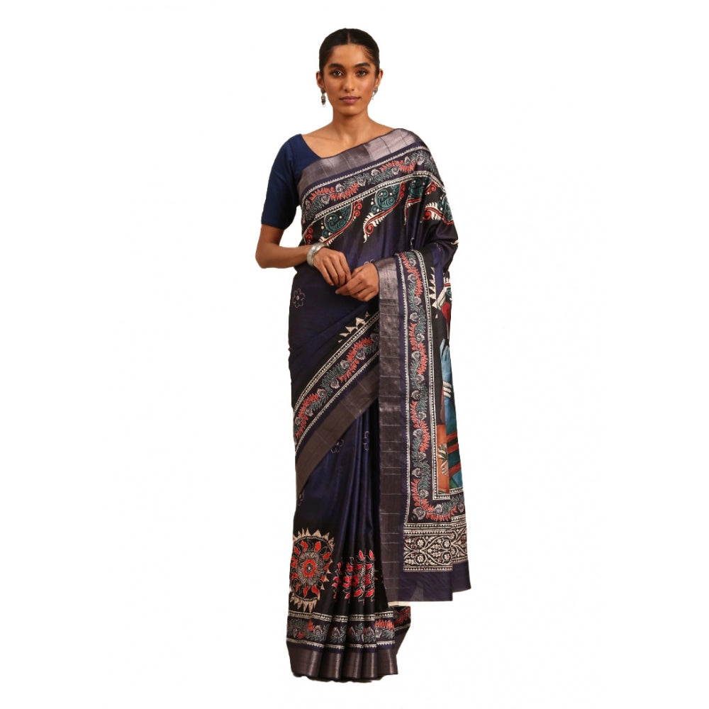 Clasymist Women's Cotton Printed Saree With Unstitched Blouse 5.5Mtr (Navy-Blue)