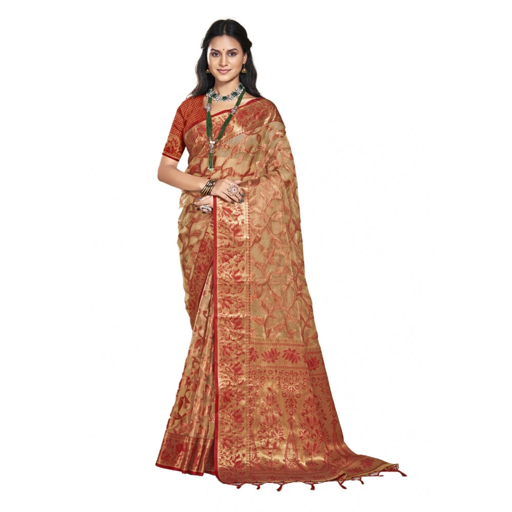 Clasymist Women's Organza Woven Design Saree With Unstitched Blouse 5.5Mtr (Beige)