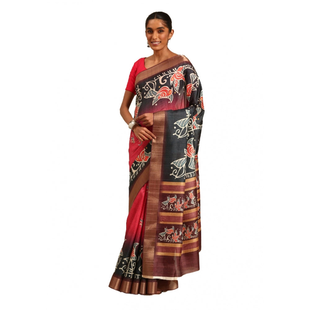 Clasymist Women's Cotton Printed Saree With Unstitched Blouse 5.5Mtr (Pink-Black)