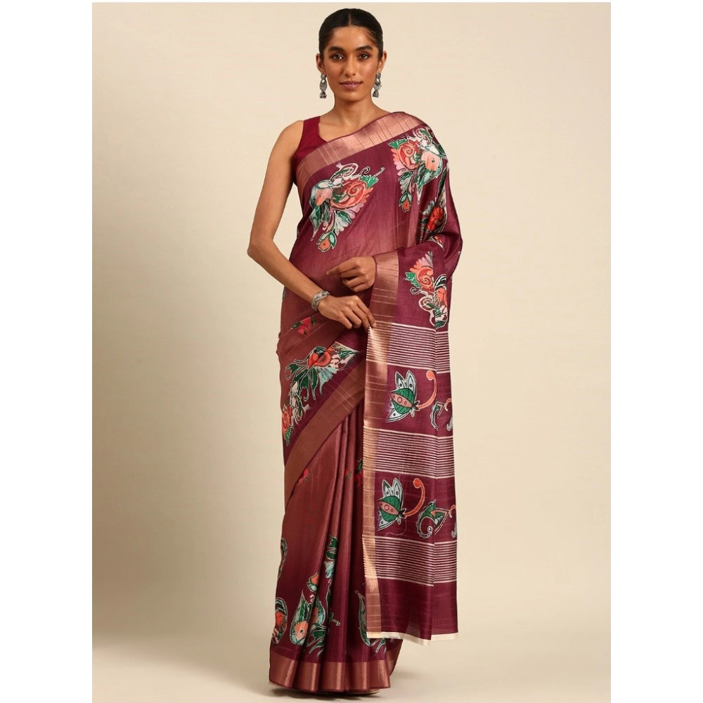 Clasymist Women's Cotton Printed Saree With Unstitched Blouse 5.5Mtr (Brown)