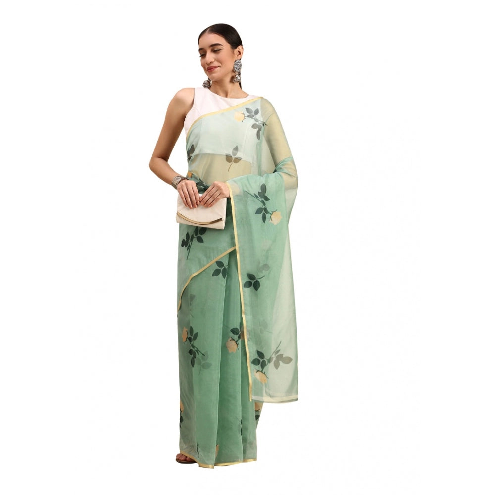 Clasymist Women's Organza Printed Saree With Unstitched Blouse 5.5Mtr (Sea Green)