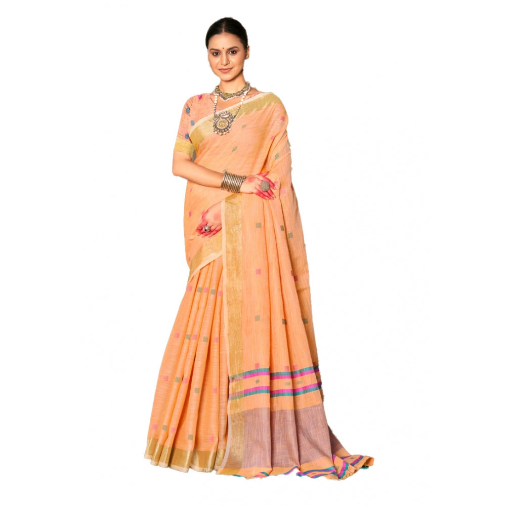 Clasymist Women's Cotton Printed Saree With Unstitched Blouse 5.5Mtr (Peach)