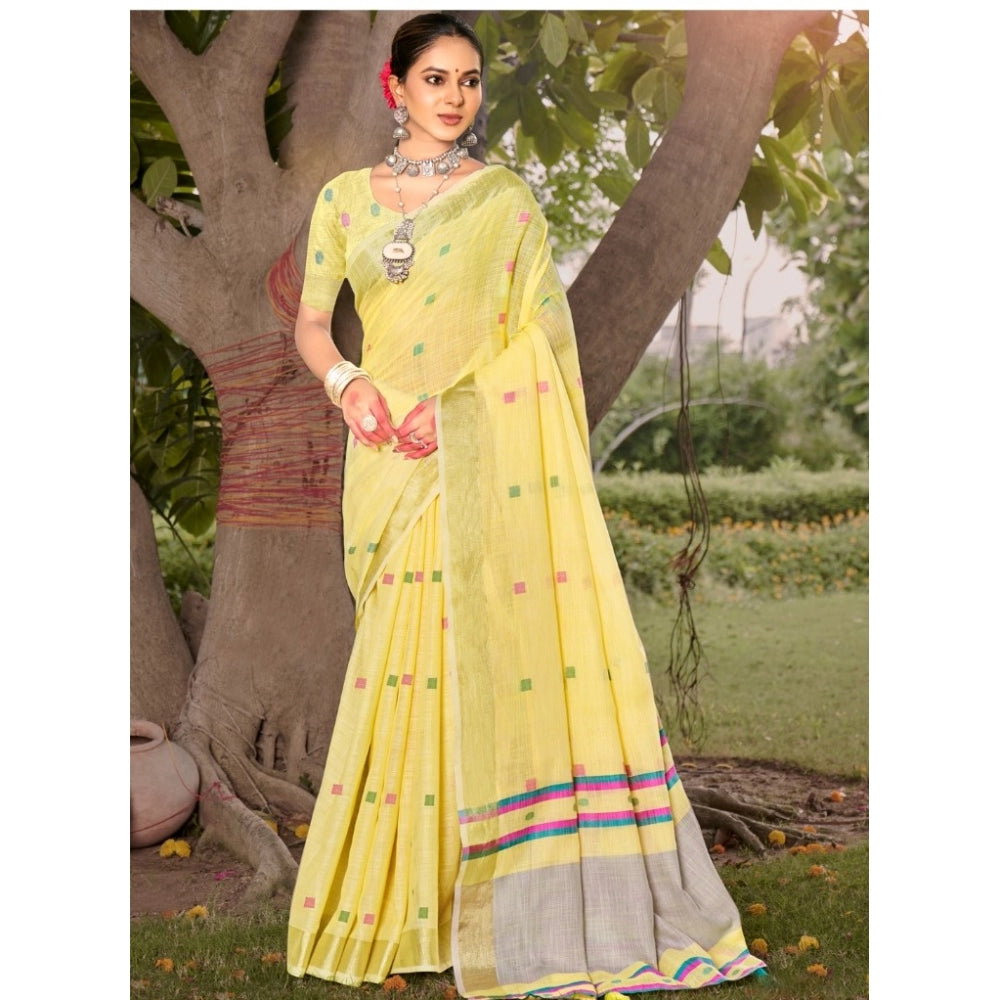 Clasymist Women's Cotton Printed Saree With Unstitched Blouse 5.5Mtr (Yellow)