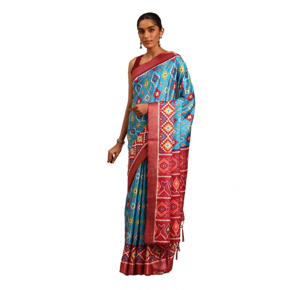 Clasymist Women's Cotton Printed Saree With Unstitched Blouse 5.5Mtr (SkyBlue)