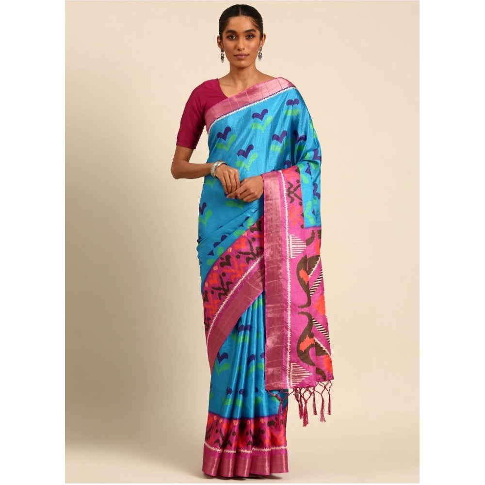 Clasymist Women's Cotton Printed Saree With Unstitched Blouse 5.5Mtr (Blue)