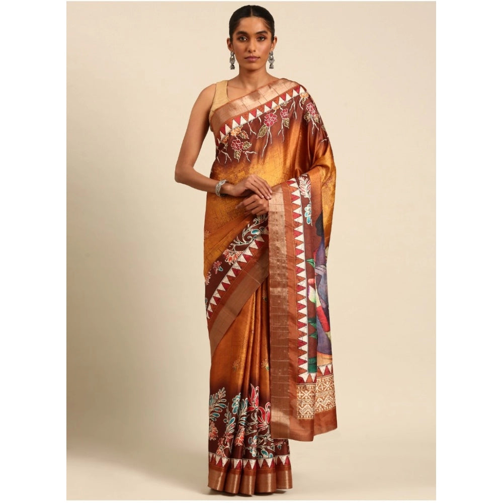 Clasymist Women's Cotton Printed Saree With Unstitched Blouse 5.5Mtr (Gold)