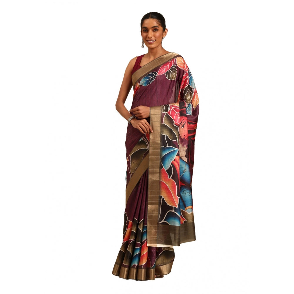 Clasymist Women's Cotton Printed Saree With Unstitched Blouse 5.5Mtr (Maroon)