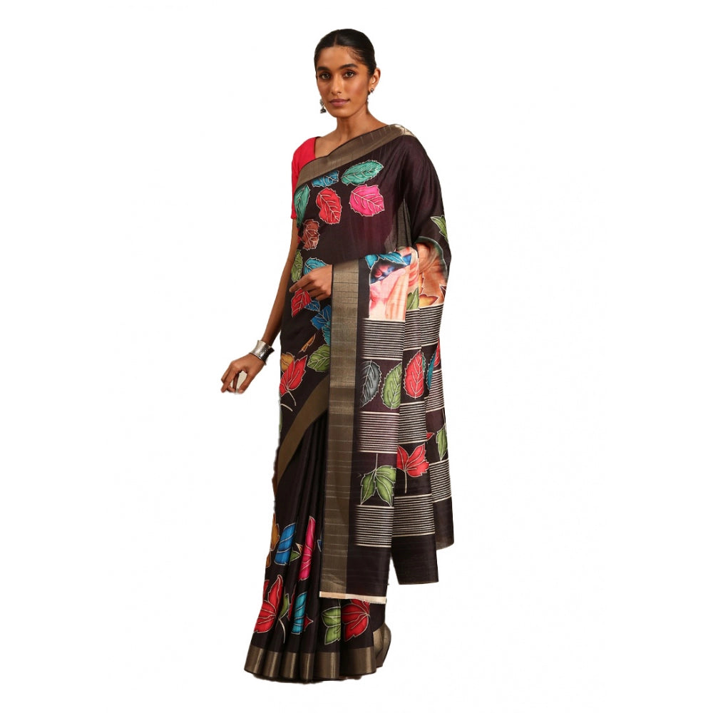 Clasymist Women's Cotton Printed Saree With Unstitched Blouse 5.5Mtr (Black)