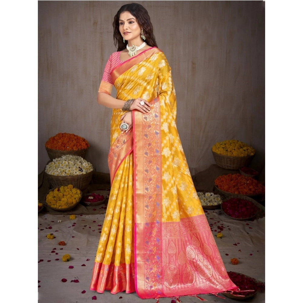 Clasymist Women's Silk Woven Design Saree With Unstitched Blouse 5.5Mtr (Mustard)