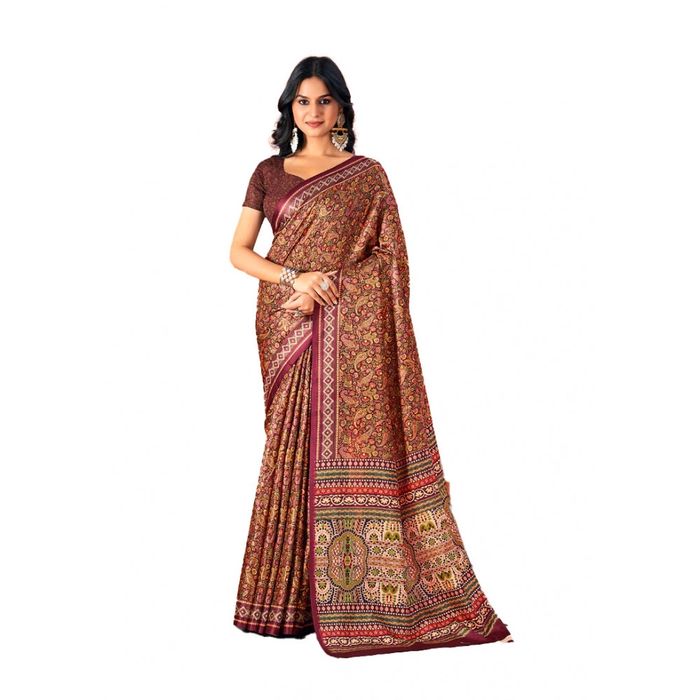 Clasymist Women's Polyester Printed Saree With Unstitched Blouse 5.5Mtr (Brown)