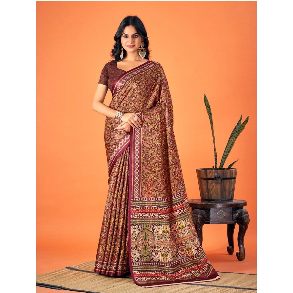 Clasymist Women's Polyester Printed Saree With Unstitched Blouse 5.5Mtr (Brown)