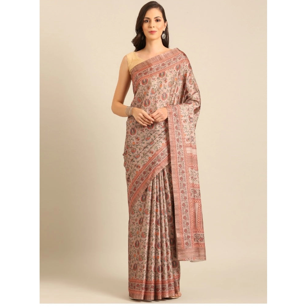 Clasymist Women's Cotton Printed Saree With Unstitched Blouse 5.5Mtr (Light-Brown)