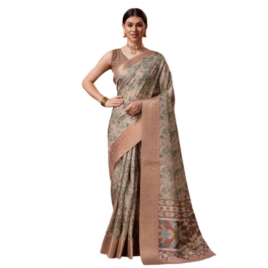 Clasymist Women's Cotton Printed Saree With Unstitched Blouse 5.5Mtr (Peach)