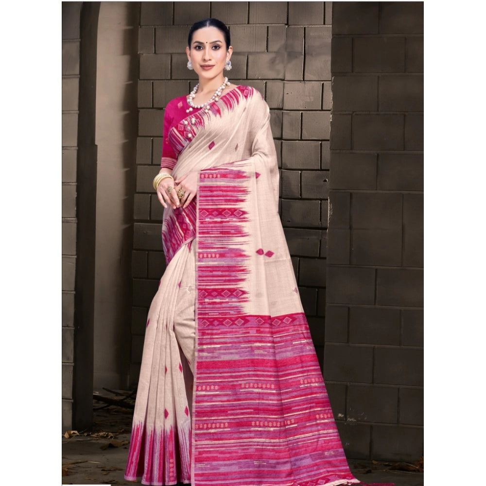 Clasymist Women's Cotton Printed Saree With Unstitched Blouse 5.5Mtr (Cream-Darkpink)