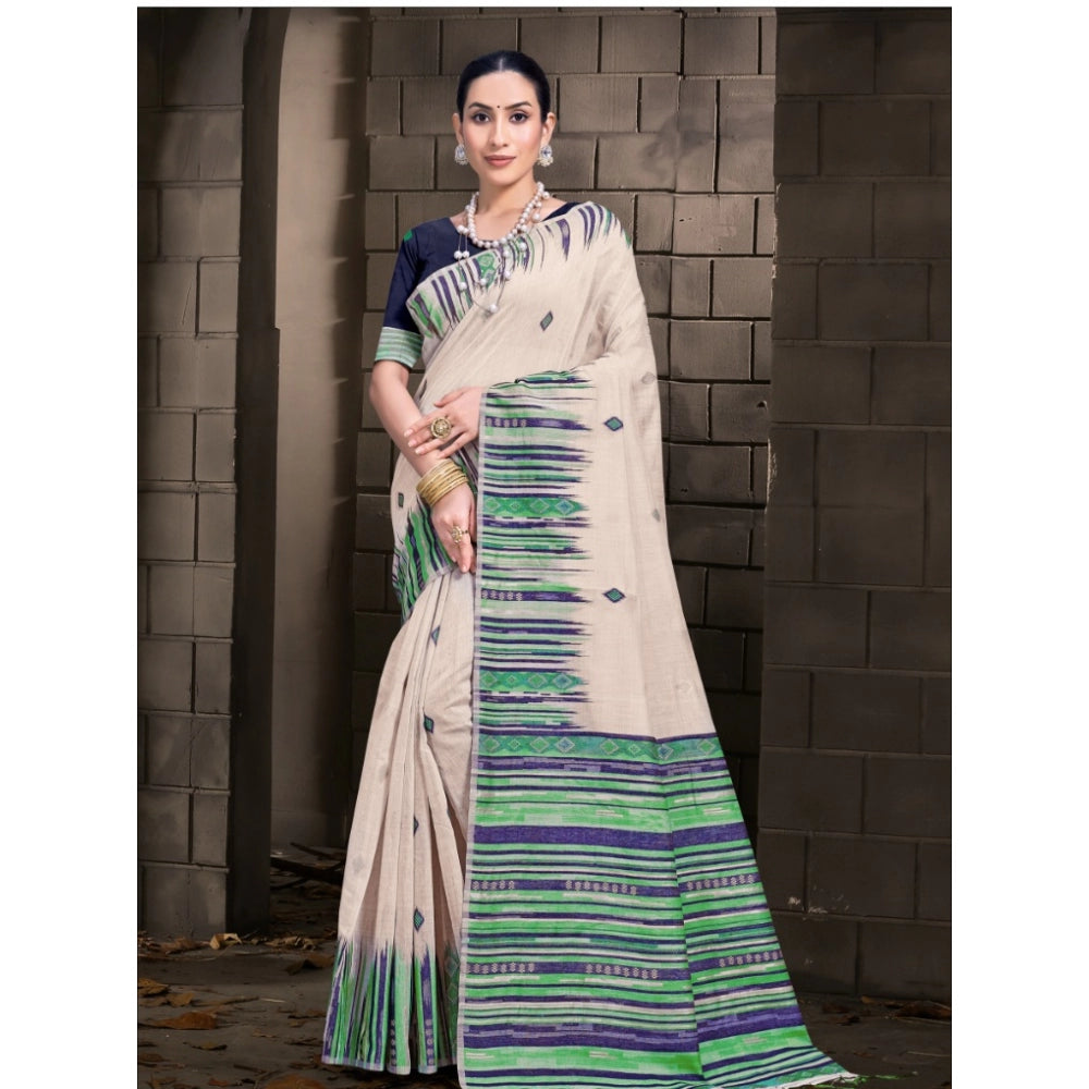 Clasymist Women's Cotton Printed Saree With Unstitched Blouse 5.5Mtr (Cream-Green)