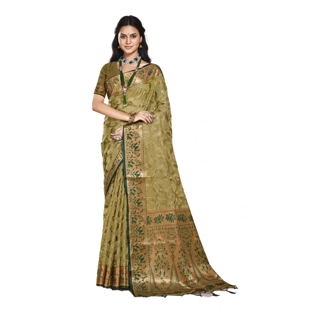 Clasymist Women's Organza Woven Design Saree With Unstitched Blouse 5.5Mtr (Olive-green)