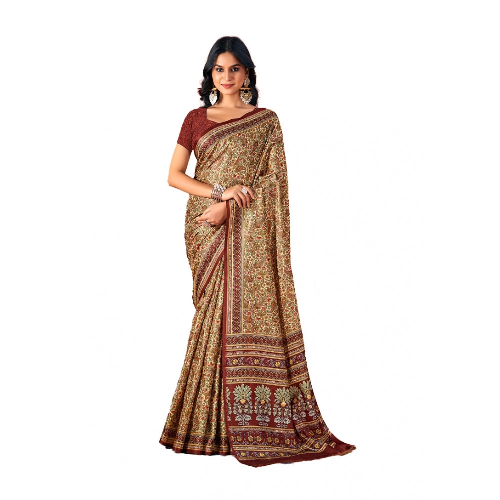 Clasymist Women's Polyester Printed Saree With Unstitched Blouse 5.5Mtr (Brown)