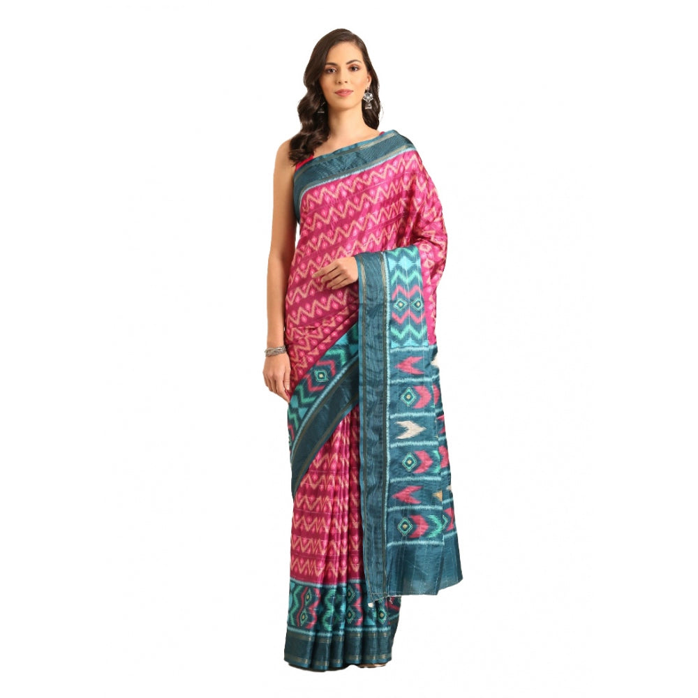 Clasymist Women's Cotton Printed Saree With Unstitched Blouse 5.5Mtr (Pinl-Green)