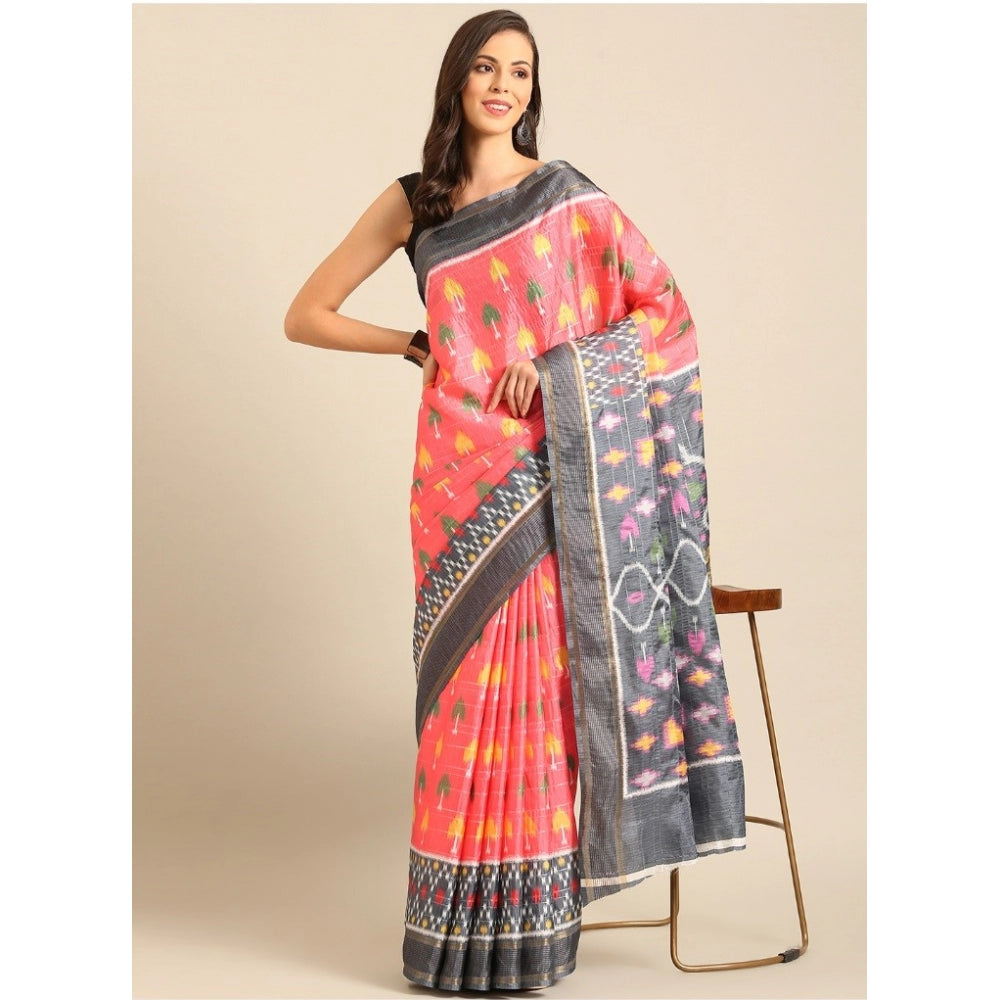 Clasymist Women's Cotton Printed Saree With Unstitched Blouse 5.5Mtr (Pink-Grey)