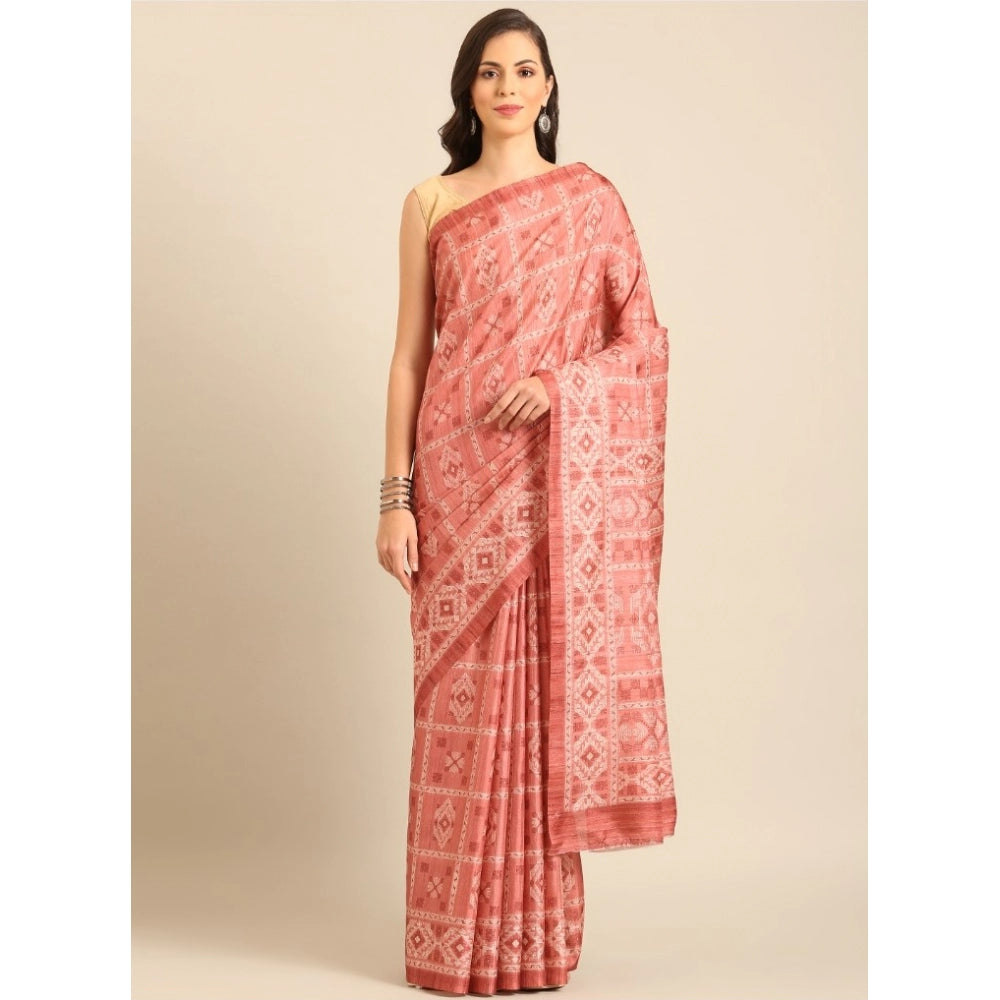 Clasymist Women's Cotton Printed Saree With Unstitched Blouse 5.5Mtr (Peach)