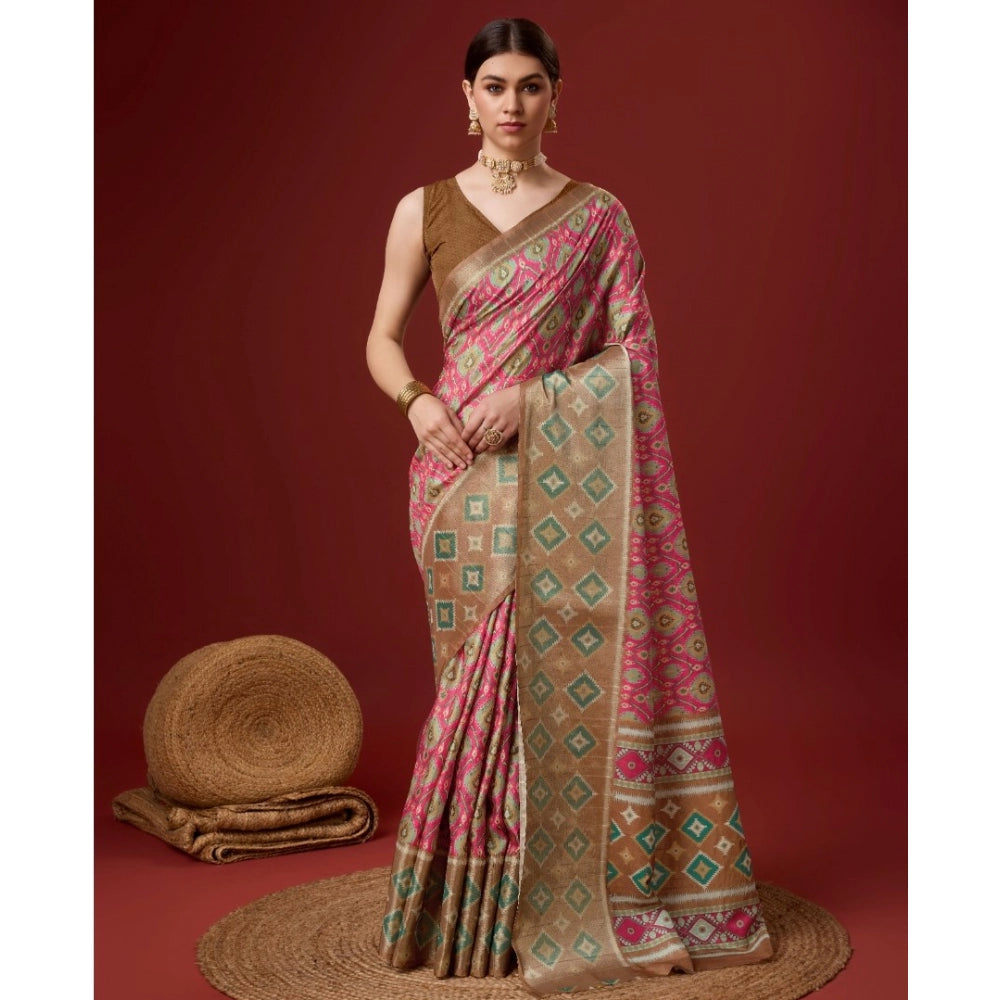 Clasymist Women's Cotton Printed Saree With Unstitched Blouse 5.5Mtr (Pink)