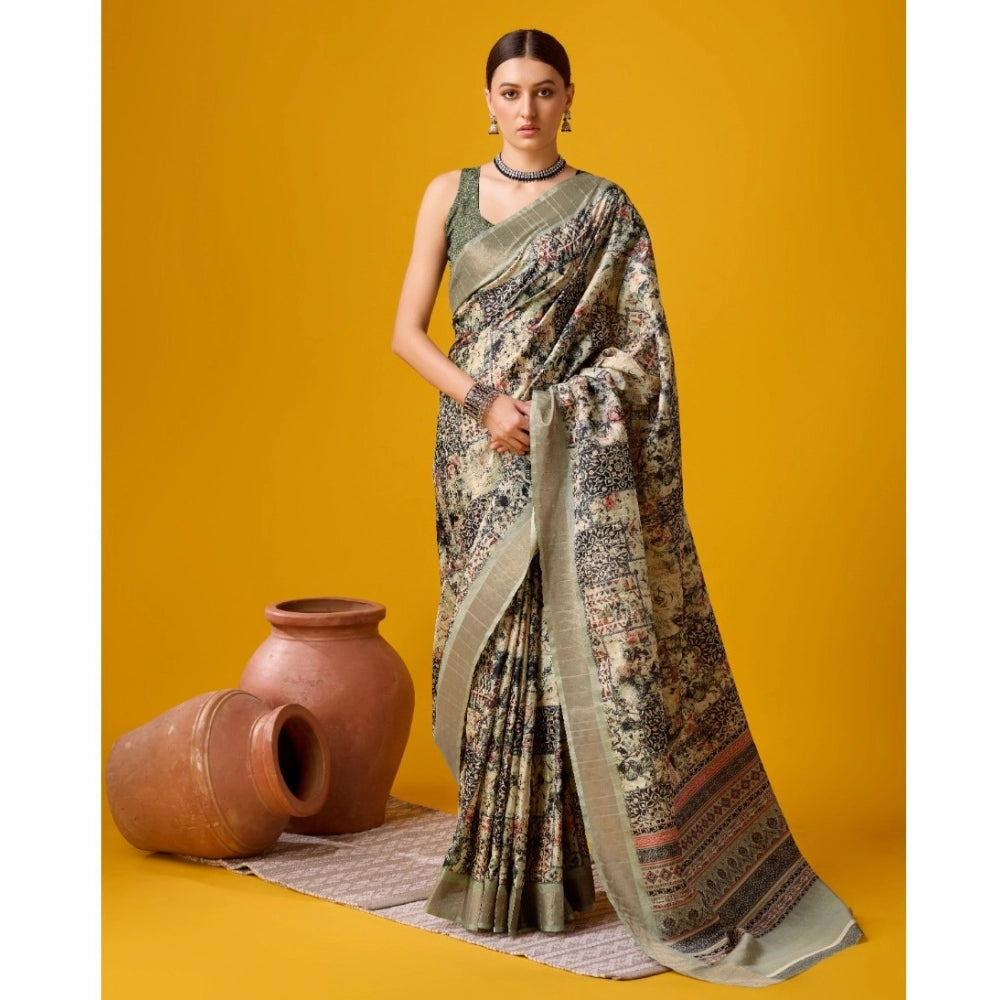 Clasymist Women's Cotton Printed Saree With Unstitched Blouse 5.5Mtr (Beige-Grey)