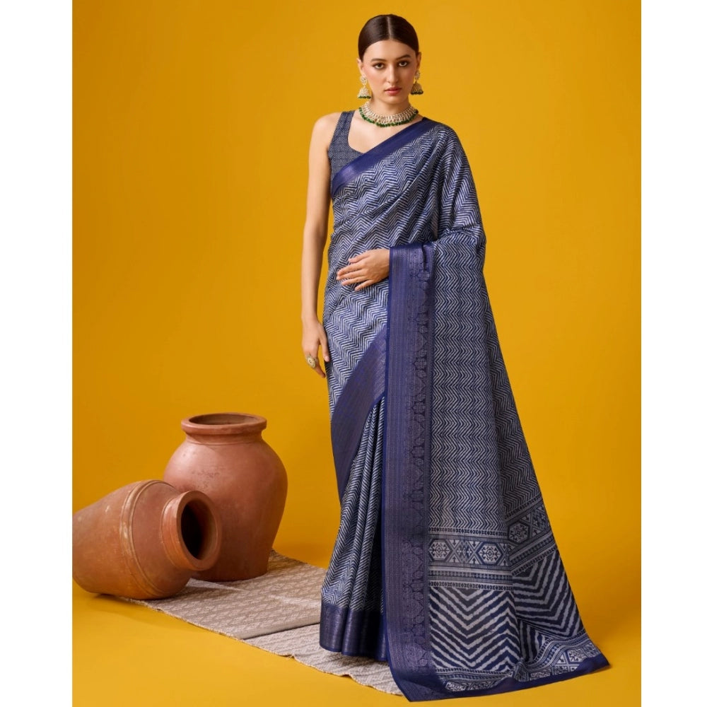 Clasymist Women's Cotton Printed Saree With Unstitched Blouse 5.5Mtr (Blue)