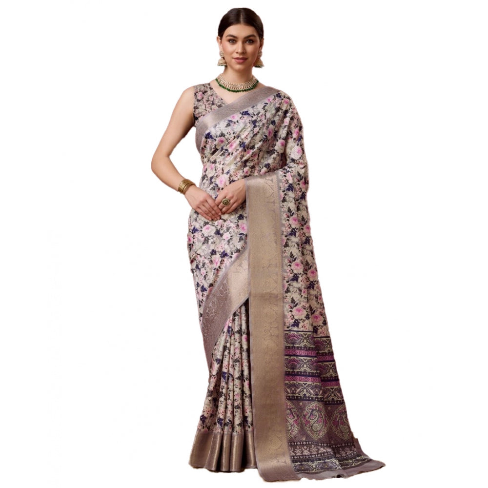 Clasymist Women's Cotton Printed Saree With Unstitched Blouse 5.5Mtr (Cream)