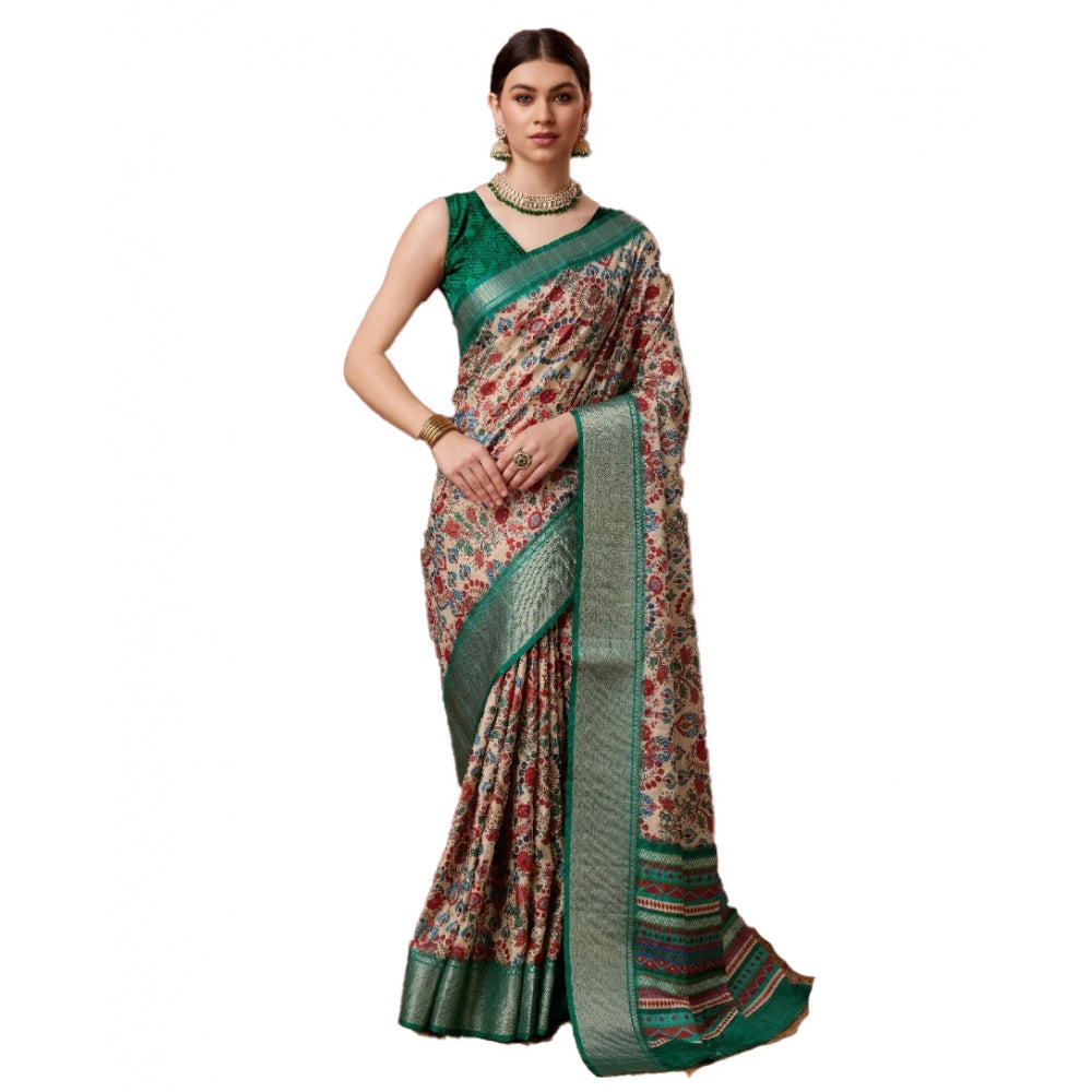 Clasymist Women's Cotton Printed Saree With Unstitched Blouse 5.5Mtr (Green)