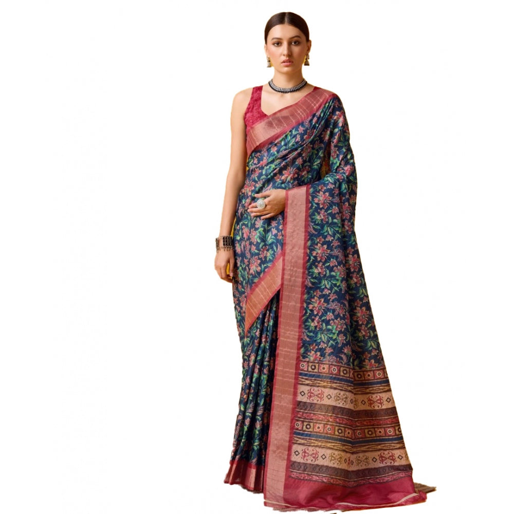 Clasymist Women's Cotton Printed Saree With Unstitched Blouse 5.5Mtr (Red-NavyBlue)