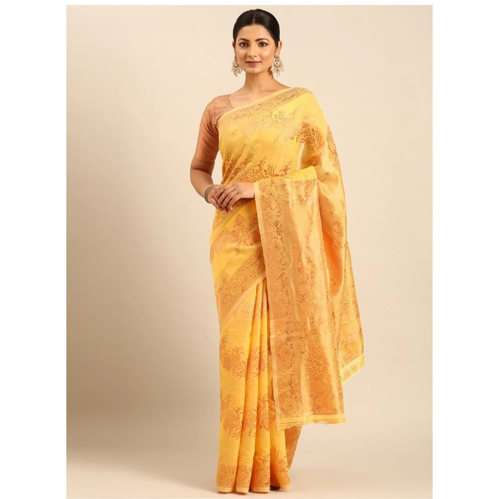 Clasymist Women's Cotton Woven Design Saree With Unstitched Blouse 5.5Mtr (Yellow)