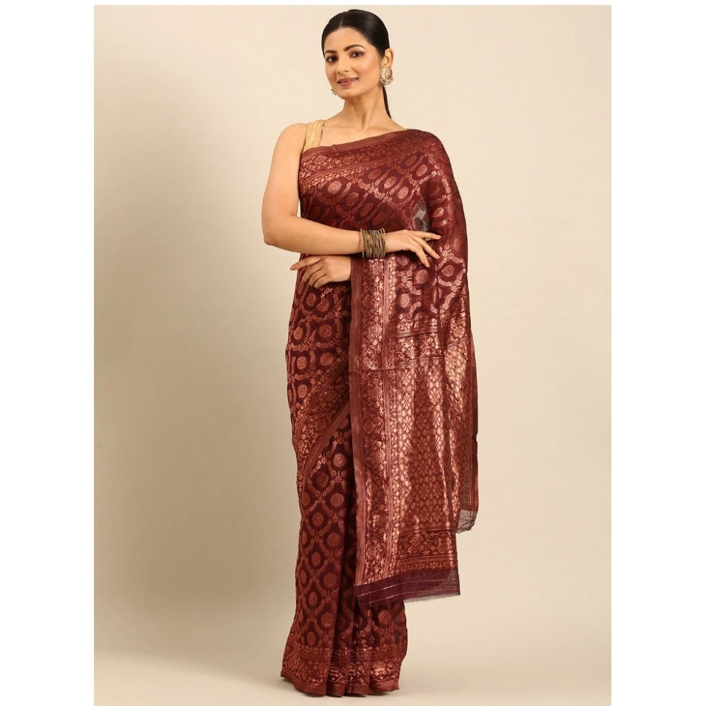 Clasymist Women's Cotton Woven Design Saree With Unstitched Blouse 5.5Mtr (Wine)