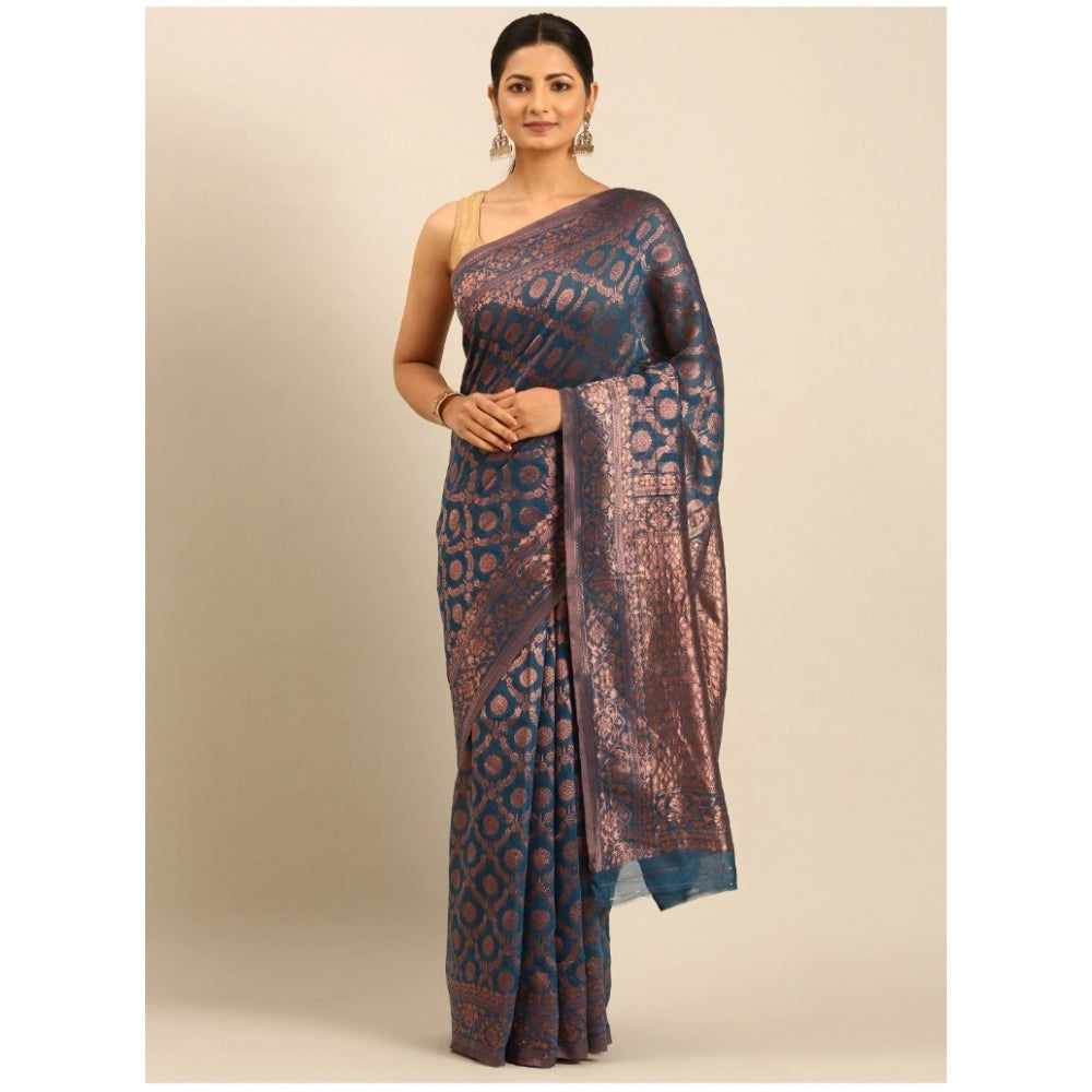 Clasymist Women's Cotton Woven Design Saree With Unstitched Blouse 5.5Mtr (Light-Blue)