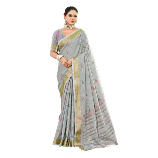 Clasymist Women's Cotton Printed Saree With Unstitched Blouse 5.5Mtr (Grey)