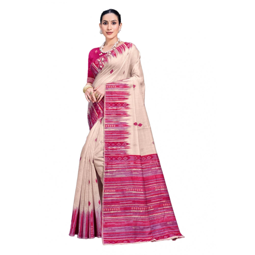 Clasymist Women's Cotton Printed Saree With Unstitched Blouse 5.5Mtr (Cream-Darkpink)