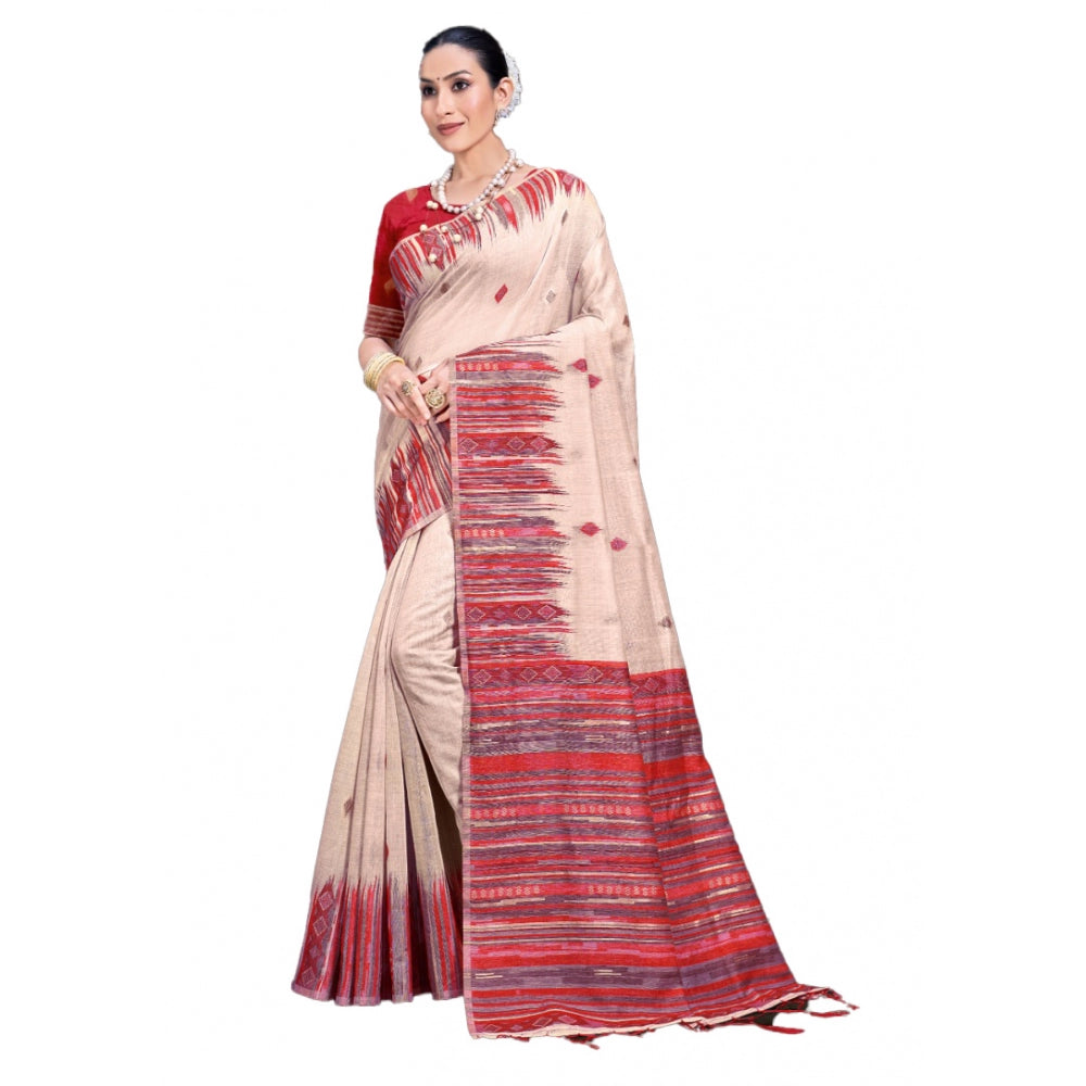 Clasymist Women's Cotton Printed Saree With Unstitched Blouse 5.5Mtr (Cream-Red)