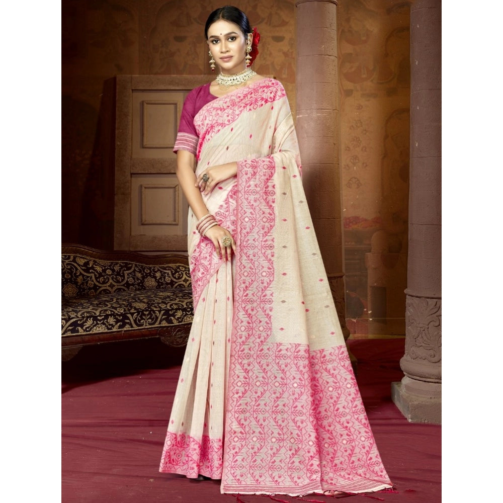 Clasymist Women's Cotton Woven Design Saree With Unstitched Blouse 5.5Mtr (Pink)