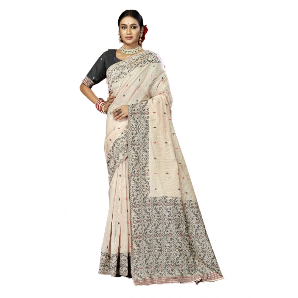 Clasymist Women's Cotton Woven Design Saree With Unstitched Blouse 5.5Mtr (Cream)