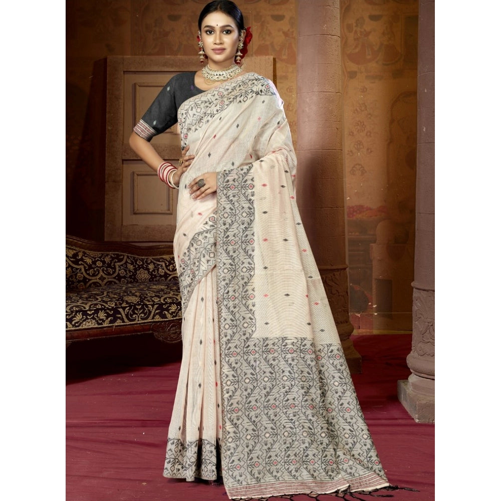 Clasymist Women's Cotton Woven Design Saree With Unstitched Blouse 5.5Mtr (Cream)