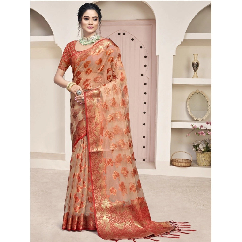 Clasymist Women's Organza Woven Design Saree With Unstitched Blouse 5.5Mtr (Orange)