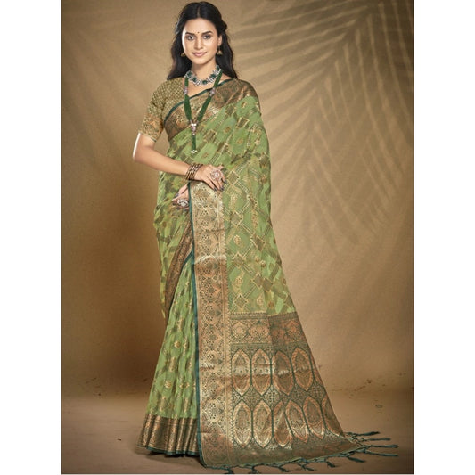 Clasymist Women's Organza Woven Design Saree With Unstitched Blouse 5.5Mtr (Green)