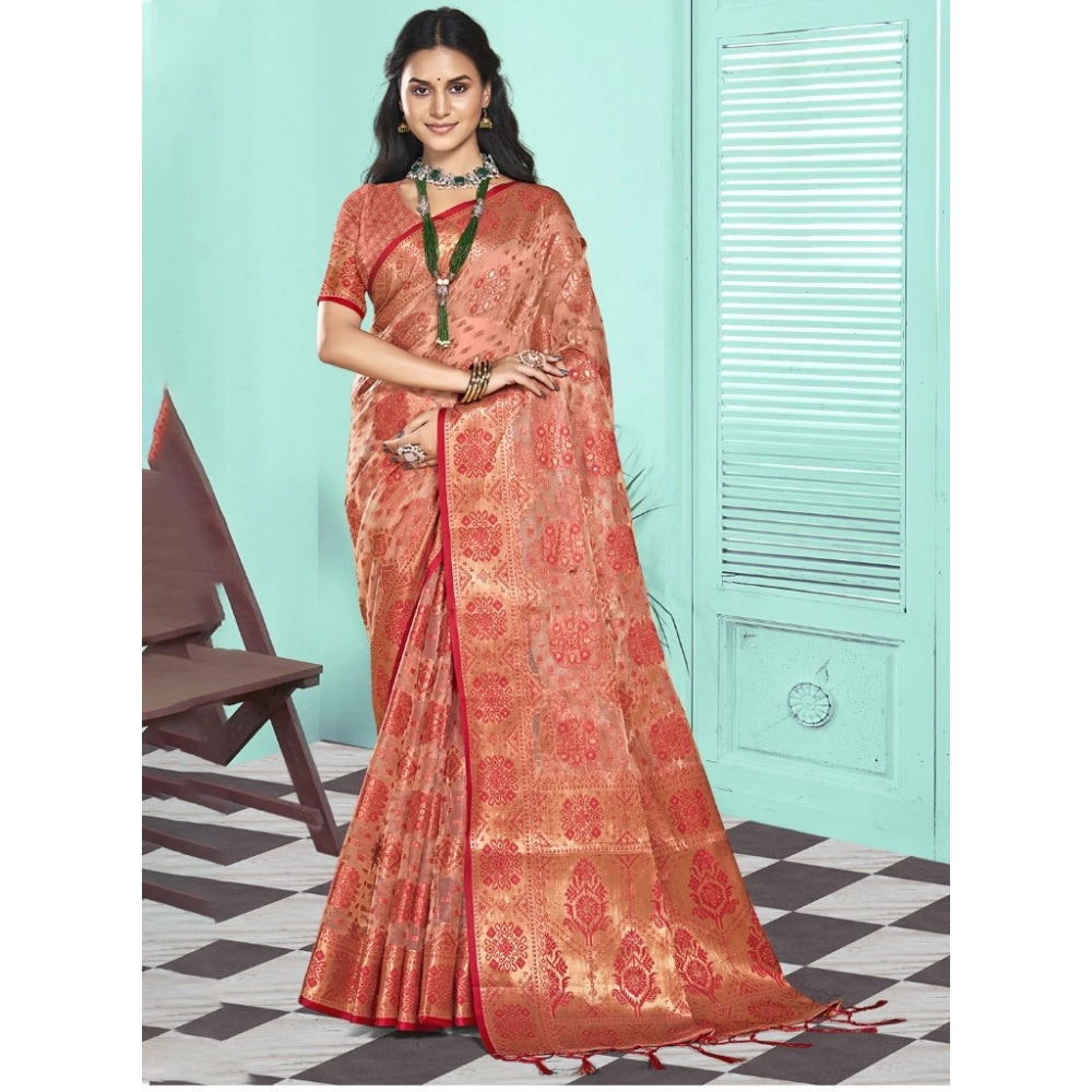 Clasymist Women's Organza Woven Design Saree With Unstitched Blouse 5.5Mtr (Peach)