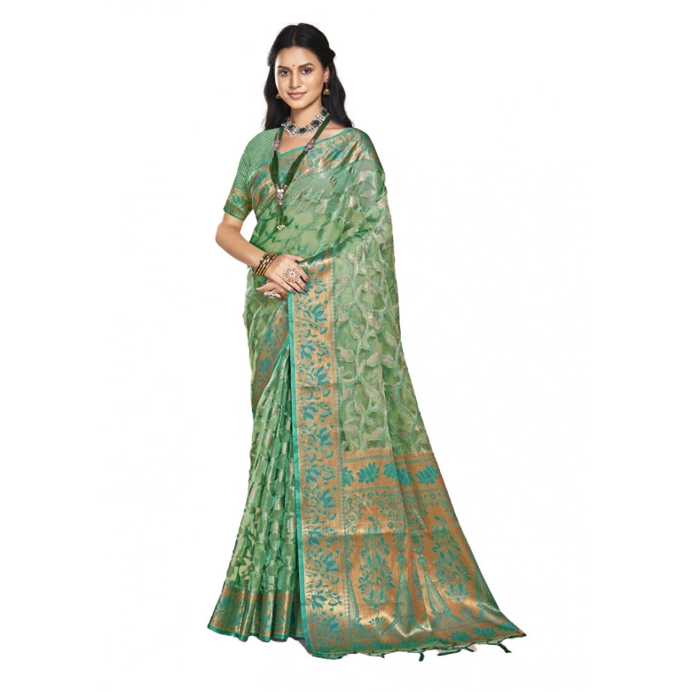 Clasymist Women's Organza Woven Design Saree With Unstitched Blouse 5.5Mtr (Green)