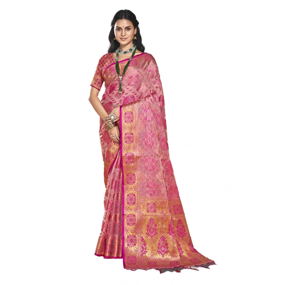 Clasymist Women's Organza Woven Design Saree With Unstitched Blouse 5.5Mtr (Pink)