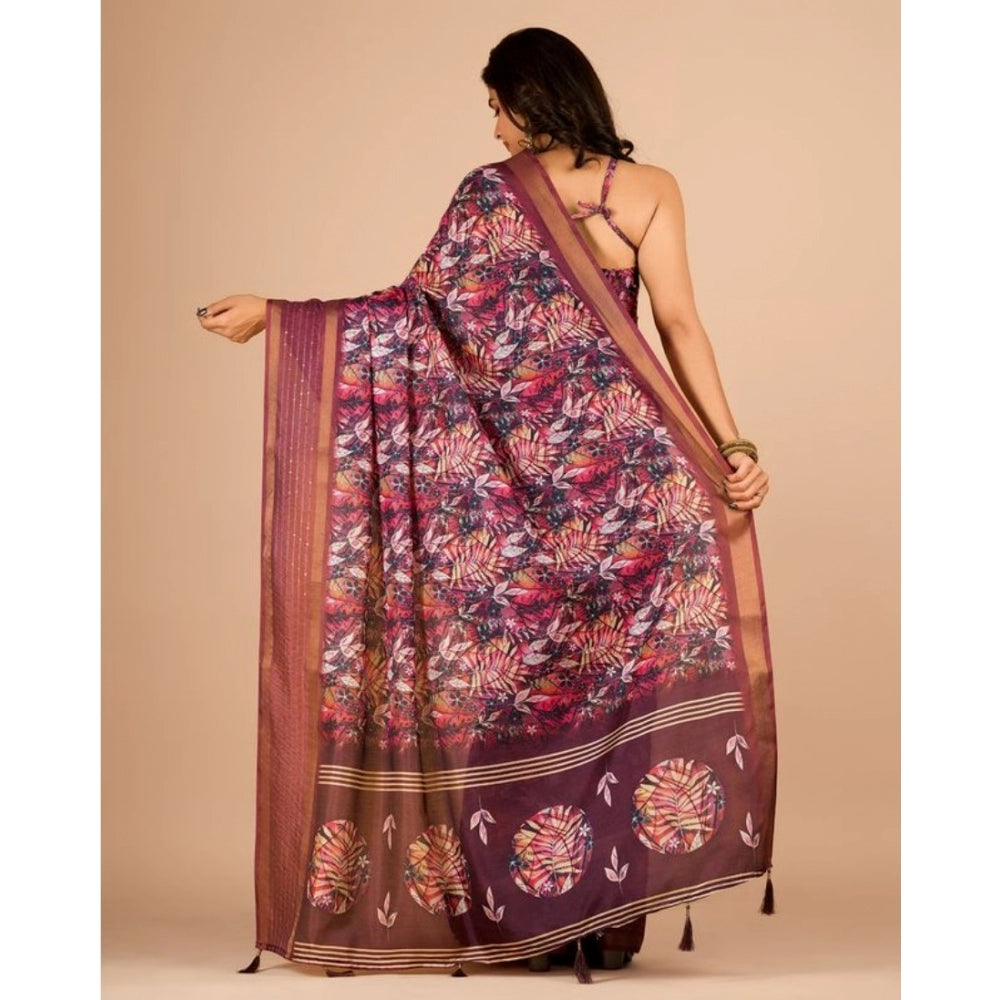 Clasymist Women's Digital Printed Saree With Unstitched Blouse (Wine, 5-5 Mtrs)