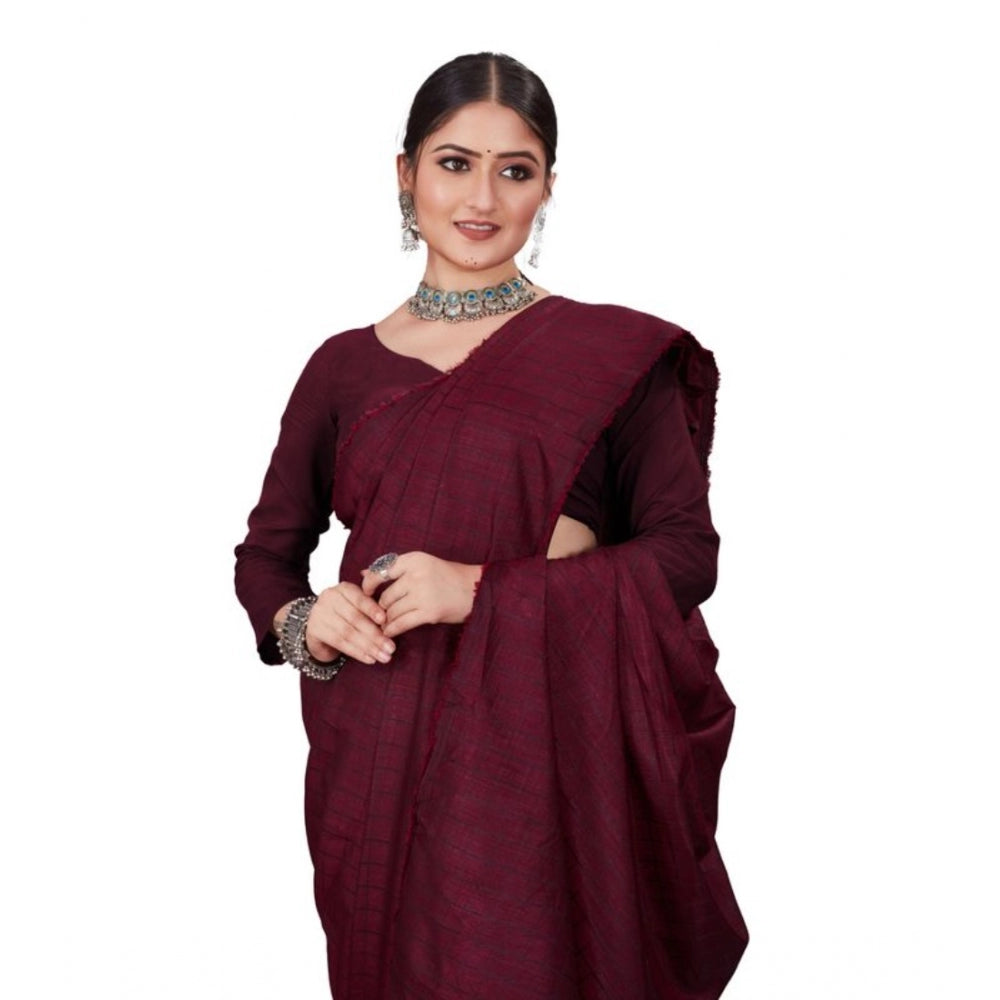 Clasymist Women's Vichitra Checked Saree With Unstitched Blouse (Maroon, 5-5 Mtrs)