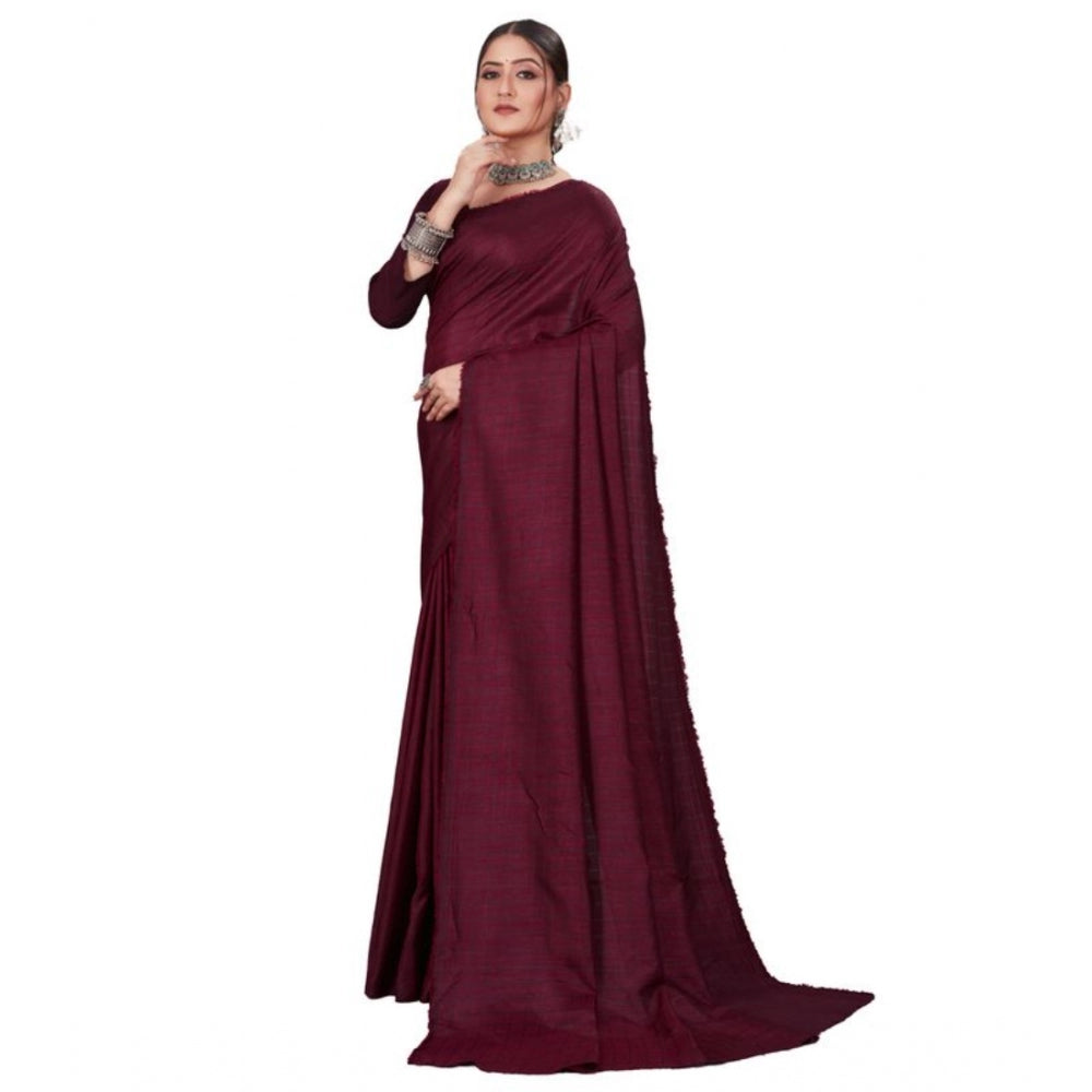 Clasymist Women's Vichitra Checked Saree With Unstitched Blouse (Maroon, 5-5 Mtrs)