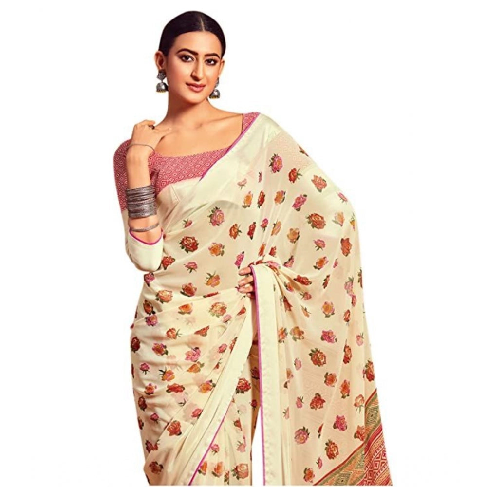 Clasymist Women's Sattin Patta Printed Saree With Unstitched Blouse (Cream, 5-5 Mtrs)